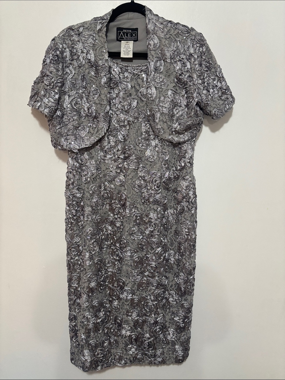 Alex Evenings Petite 12P Grey Rosette Lace Sequined Dress & Crop Bolero Jacket S